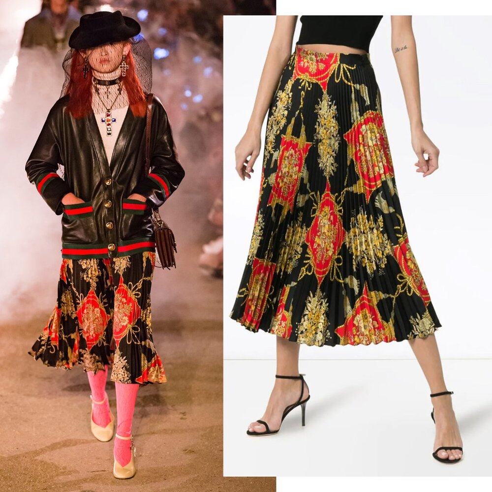 GUCCI SKIRT INTRIGUE FLORAL TASSEL PRINT SILK PLEATED MIDI sz IT 46 US 10